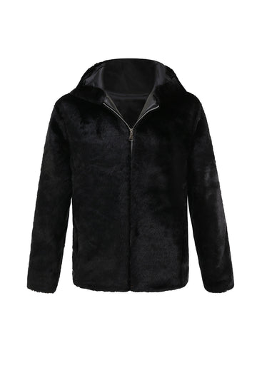 Men's Faux Fur Coat with Hood Winter Black Thickened Luxury